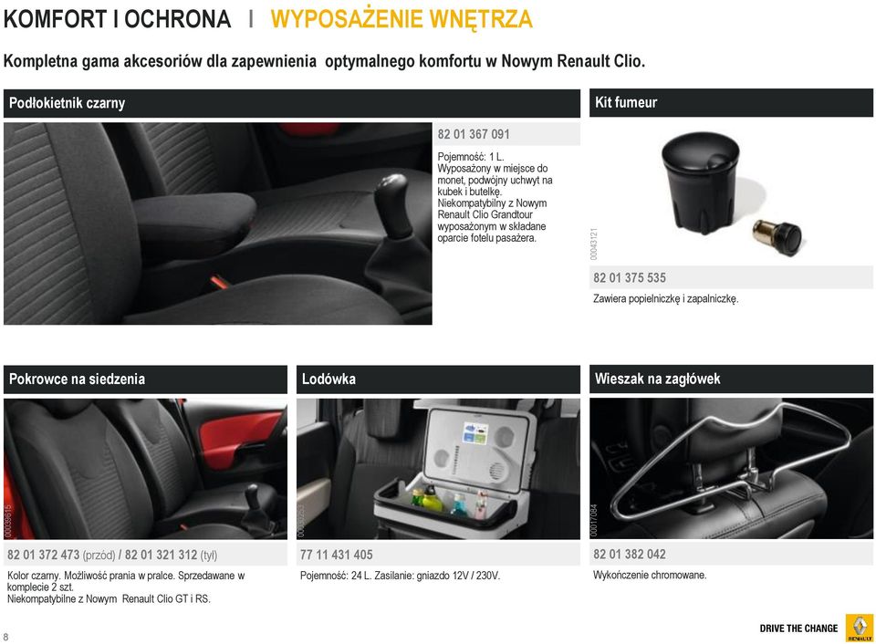 Niekompatybilny z Nowym Renault Clio Grandtour wyposażonym w składane oparcie fotelu pasażera. 82 01 375 535 Zawiera popielniczkę i zapalniczkę.