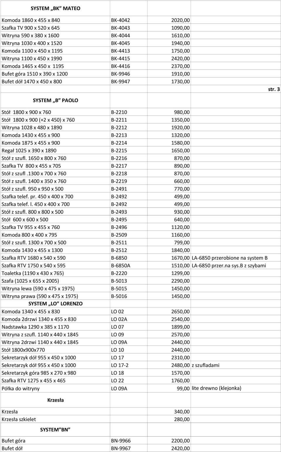 3 SYSTEM B PAOLO Stół 1800 x 900 x 760 B-2210 980,00 Stół 1800 x 900 (+2 x 450) x 760 B-2211 1350,00 Witryna 1028 x 480 x 1890 B-2212 1920,00 Komoda 1430 x 455 x 900 B-2213 1320,00 Komoda 1875 x 455