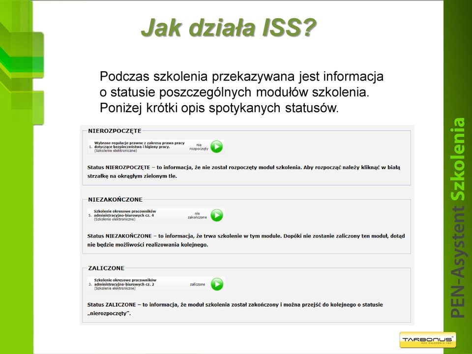 informacja o statusie poszczególnych
