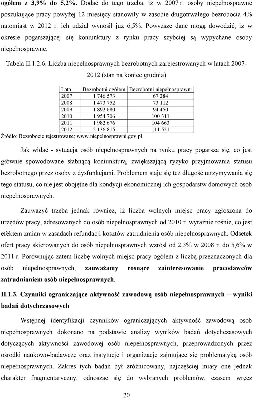 5%. Powyższe dane mogą dowodzić, iż w okresie pogarszającej się koniunktury z rynku pracy szybciej są wypychane osoby niepełnosprawne. Tabela II.1.2.6.