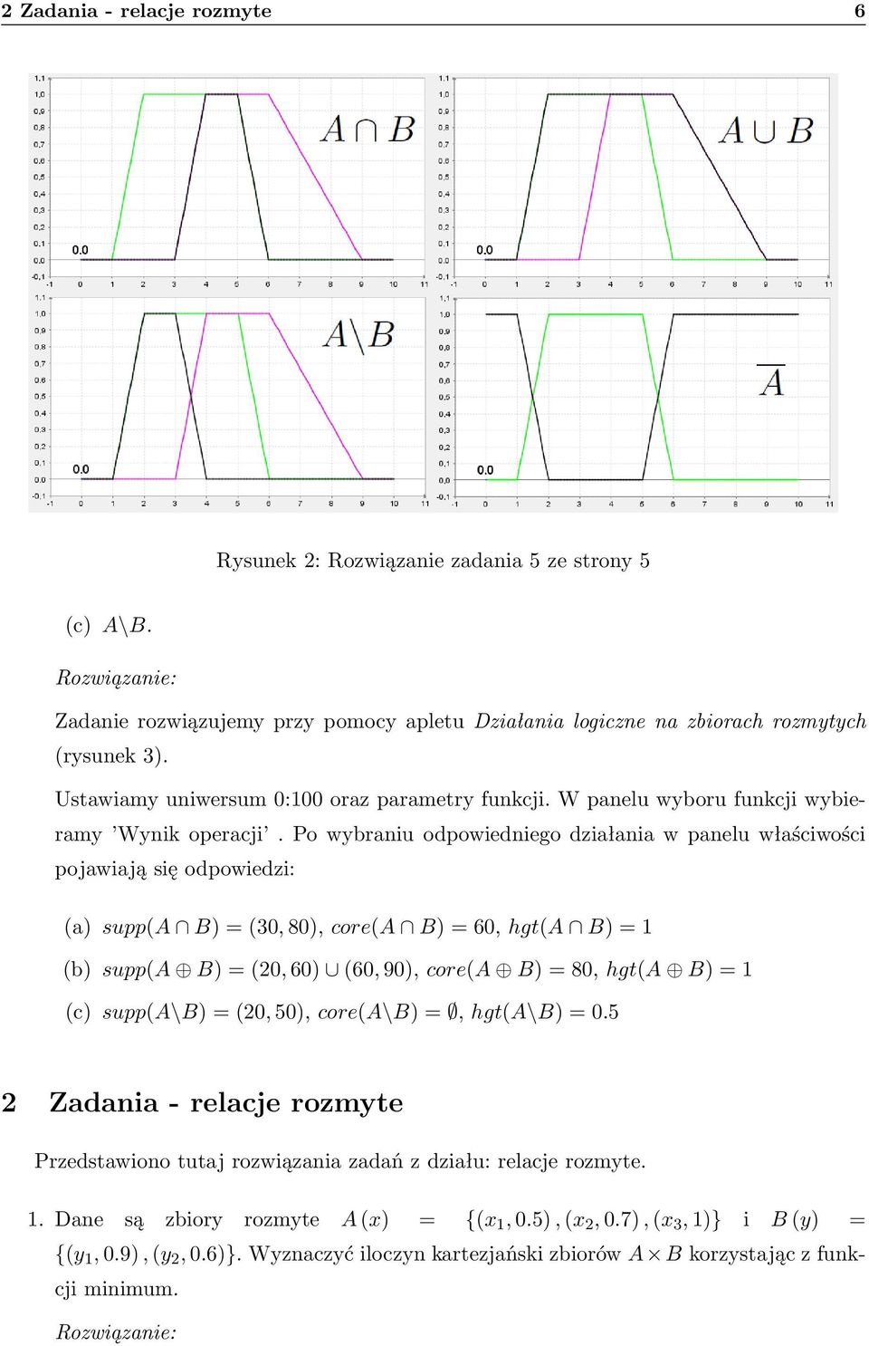 Po wybraniu odpowiedniego działania w panelu właściwości pojawiają się odpowiedzi: (a) supp(a B) = (30, 80), core(a B) = 60, hgt(a B) = 1 (b) supp(a B) = (20, 60) (60, 90), core(a B) = 80, hgt(a B) =