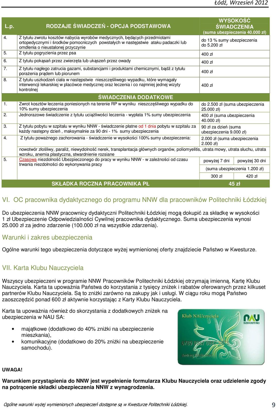 Z tytułu pgryzienia przez psa 400 zł 6. Z tytułu pkąsań przez zwierzęta lub ukąszeń przez wady 400 zł 7.