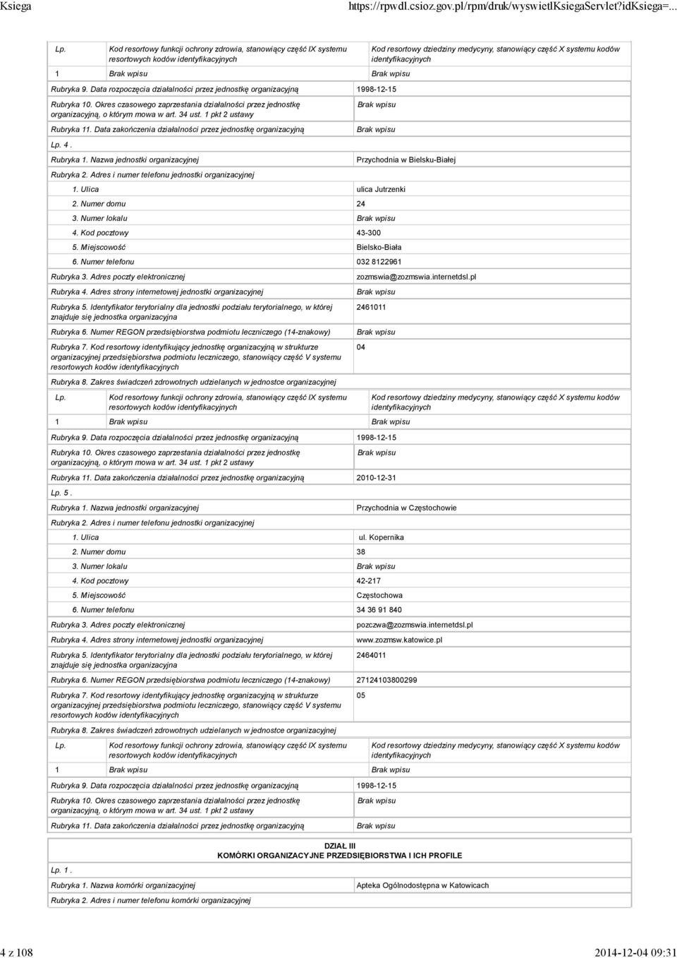 Adres i numer telefonu jednostki organizacyjnej 1. Ulica ulica Jutrzenki 2. Numer domu 24 3. Numer lokalu 4. Kod pocztowy 43-300 5. Miejscowość Bielsko-Biała 6.