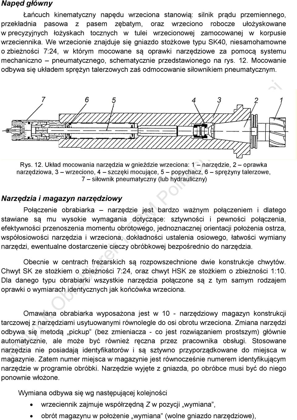 We wrzecionie znajduje się gniazdo stożkowe typu SK40, niesamohamowne o zbieżności 7:24, w którym mocowane są oprawki narzędziowe za pomocą systemu mechaniczno pneumatycznego, schematycznie