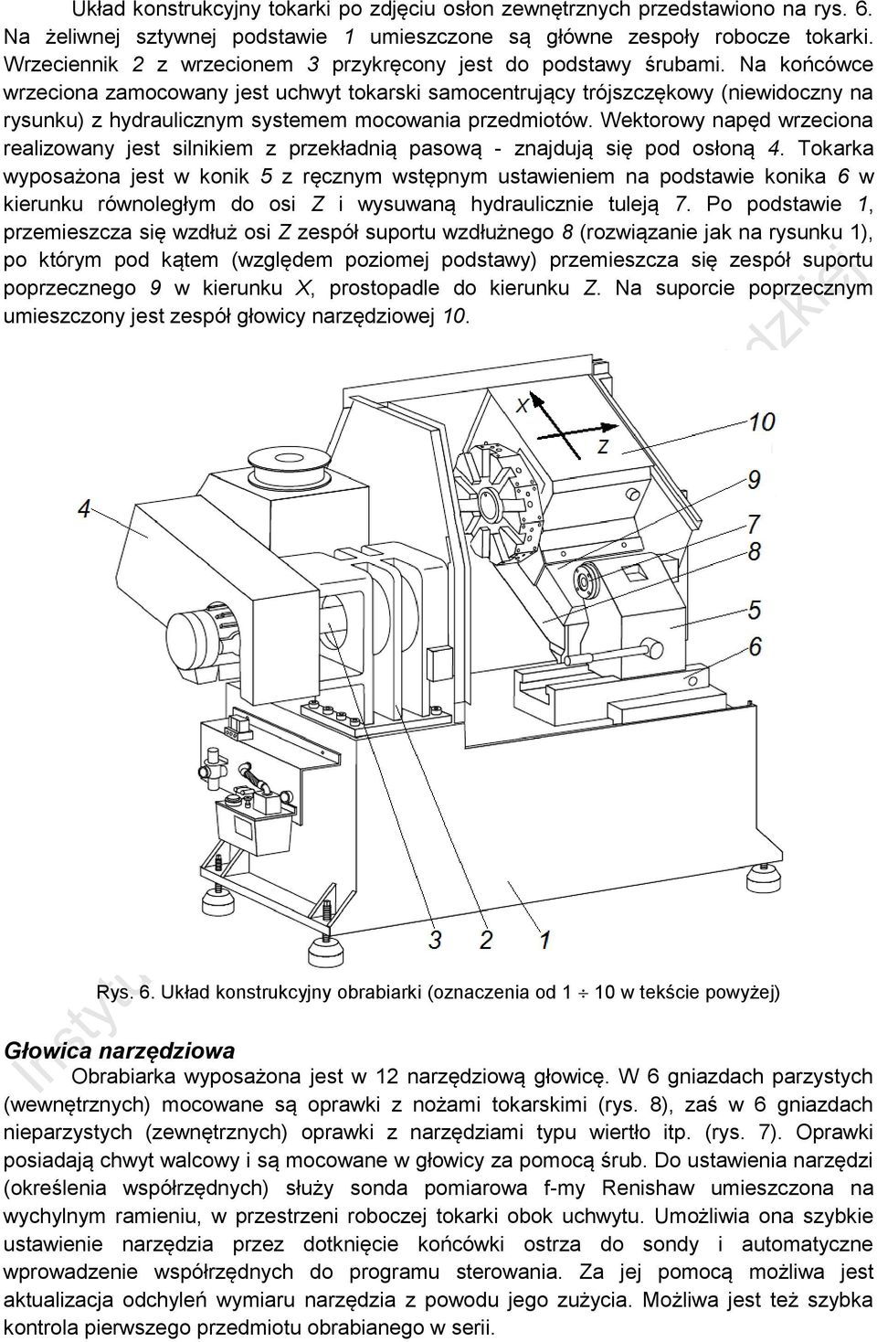 Na końcówce wrzeciona zamocowany jest uchwyt tokarski samocentrujący trójszczękowy (niewidoczny na rysunku) z hydraulicznym systemem mocowania przedmiotów.
