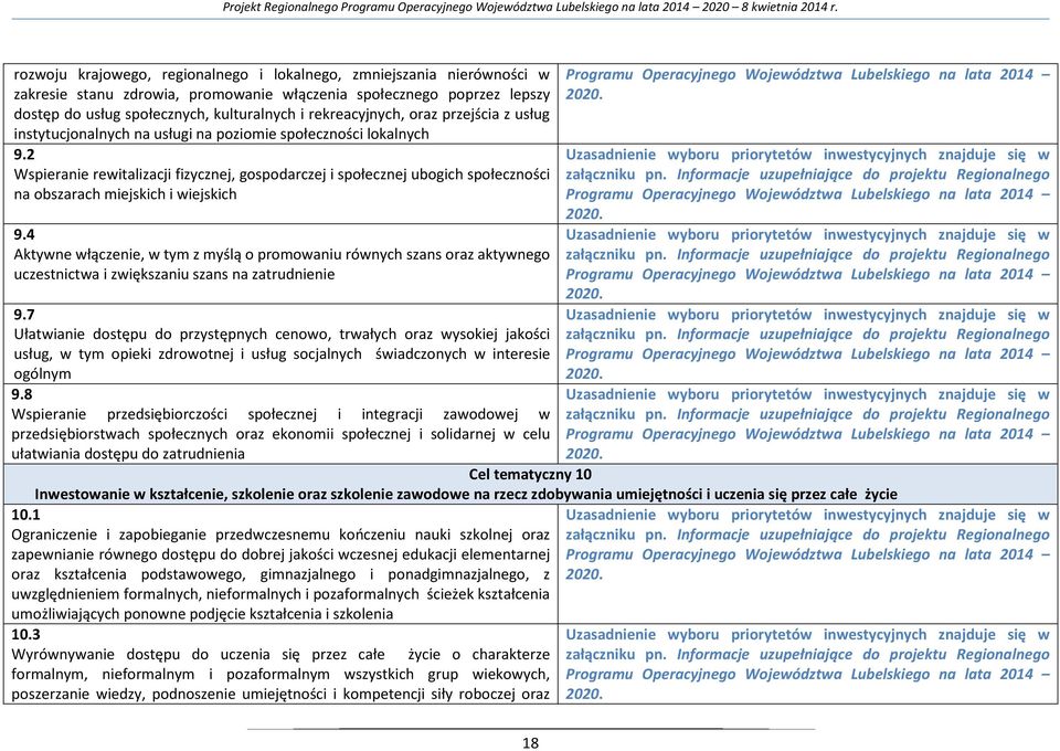 2 Wspieranie rewitalizacji fizycznej, gospodarczej i społecznej ubogich społeczności na obszarach miejskich i wiejskich 9.