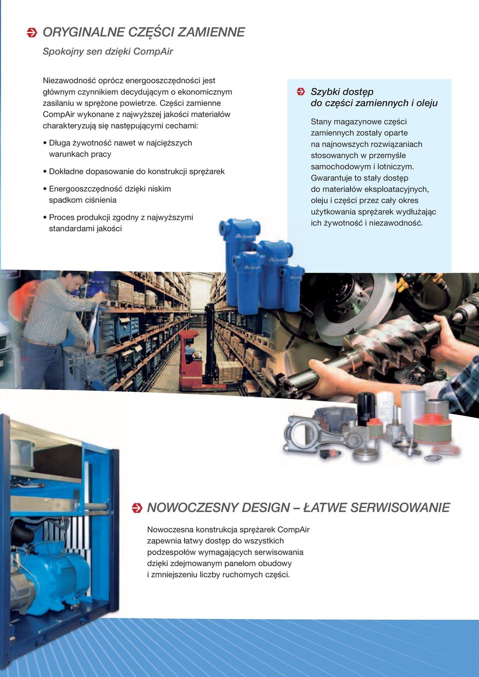 sprężarek Energooszczędność dzięki niskim spadkom ciśnienia Proces produkcji zgodny z najwyższymi standardami jakości Szybki dostęp do części zamiennych i oleju Stany magazynowe części zamiennych