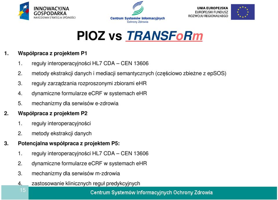 dynamiczne formularze ecrf w systemach ehr 5. mechanizmy dla serwisów e-zdrowia 2. Współpraca z projektem P2 1. reguły interoperacyjności 2.