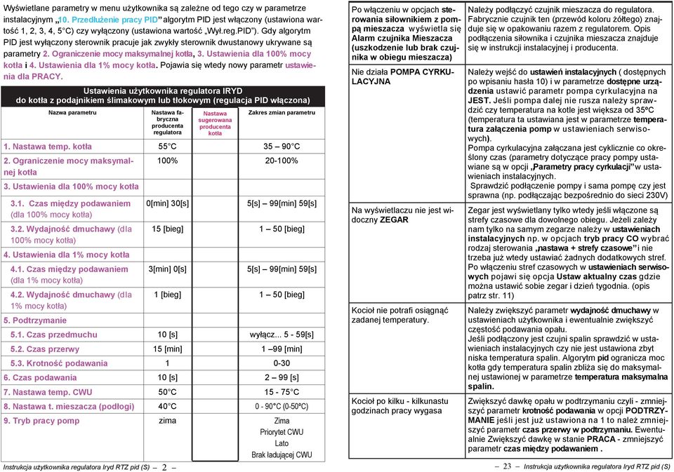 Gdy algorytm PID jest wyłączony sterownik pracuje jak zwykły sterownik dwustanowy ukrywane są parametry 2. Ograniczenie mocy maksymalnej kotła, 3. Ustawienia dla 100% mocy kotła i 4.