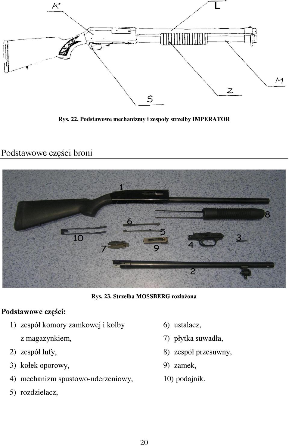 magazynkiem, 2) zespół lufy, 3) kołek oporowy, 4) mechanizm spustowo-uderzeniowy, 5)