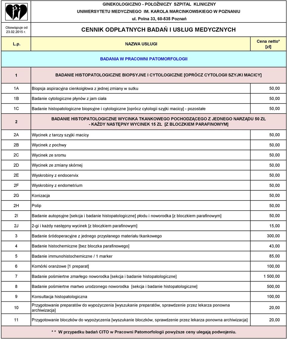 POCHODZĄCEGO Z JEDNEGO NARZĄDU 50 ZŁ - KAŻDY NASTĘPNY WYCINEK 15 ZŁ [Z BLOCZKIEM PARAFINOWYM] 2A Wycinek z tarczy szyjki macicy 50,00 2B Wycinek z pochwy 50,00 2C Wycinek ze sromu 50,00 2D Wycinek ze