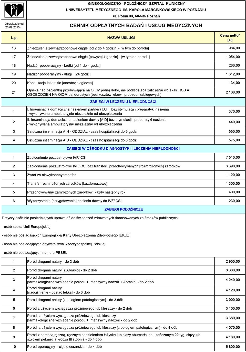 ] 1 312,00 20 Konsultacje lekarskie [anestezjologiczne] 134,00 21 1 2 Opieka nad pacjentką przebywająca na OIOM jedną dobę, nie podlegająca zaliczeniu wg skali TISS = OSOBODZIEŃ NA OIOM os.