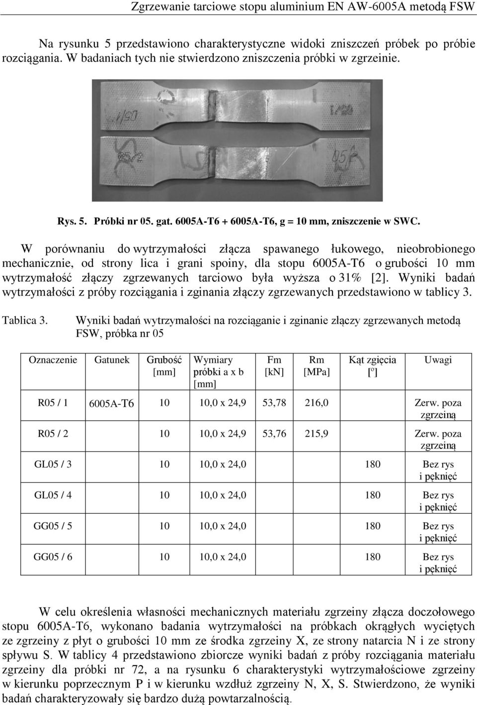 W porównaniu do wytrzymałości złącza spawanego łukowego, nieobrobionego mechanicznie, od strony lica i grani spoiny, dla stopu 6005A-T6 o grubości 10 mm wytrzymałość złączy zgrzewanych tarciowo była