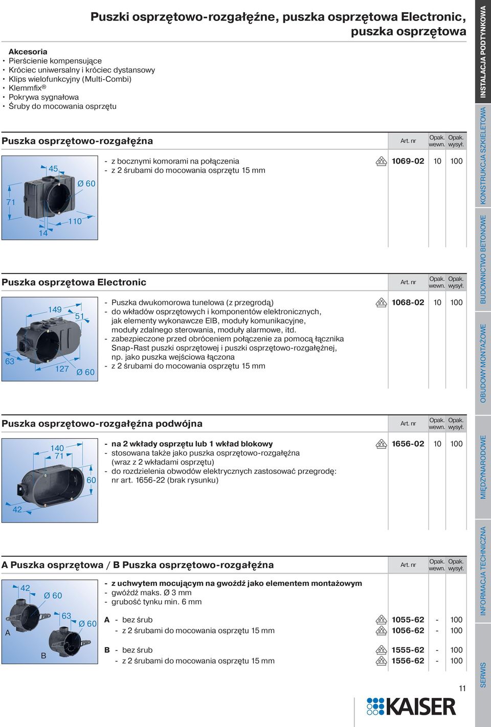 mocowania osprzętu 15 mm Puszka osprzętowo-rozgałęźna podwójna 42 140 71 60 - Puszka dwukomorowa tunelowa (z przegrodą) - do wkładów osprzętowych i komponentów elektronicznych, jak elementy