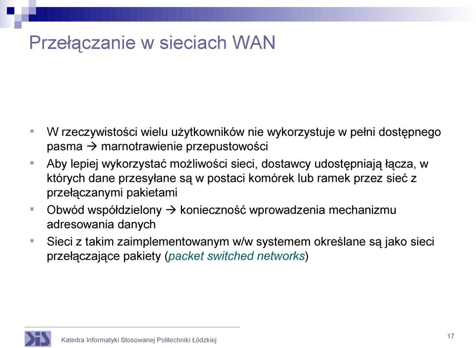 komórek lub ramek przez sieć z przełączanymi pakietami Obwód współdzielony konieczność wprowadzenia mechanizmu adresowania