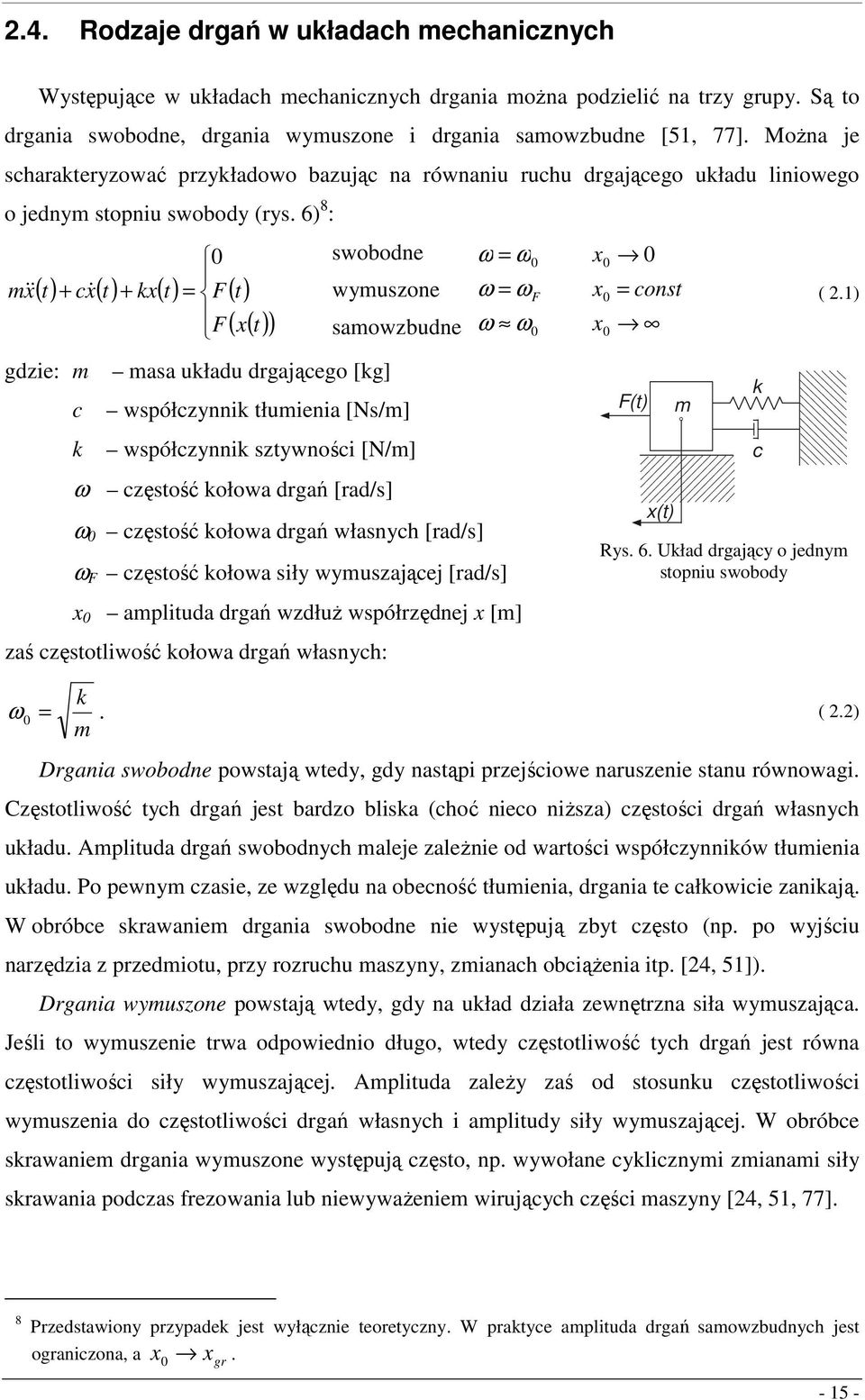 6) 8 : mx & 0 ( t) + cx& ( t) + kx( t) = F( t) F( x( t) ) gdzie: m c k swobodne wymuszone masa układu drgającego [kg] współczynnik tłumienia [Ns/m] współczynnik sztywności [N/m] ω częstość kołowa
