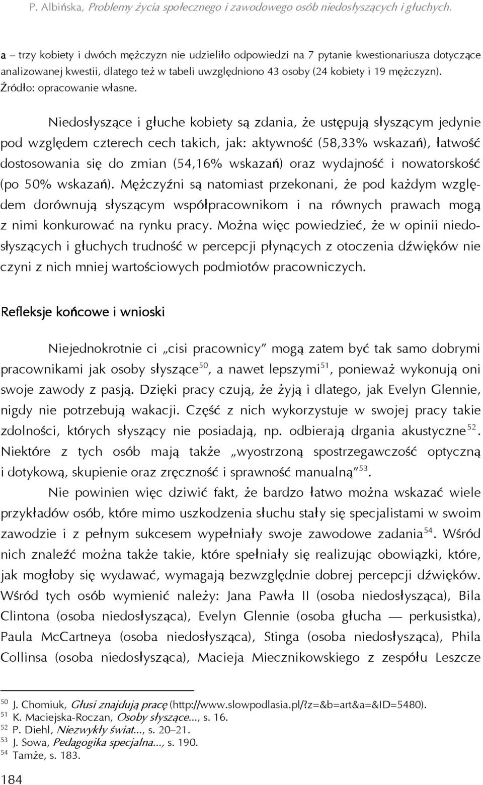 Niedosłyszące i głuche kobiety są zdania, że ustępują słyszącym jedynie pod względem czterech cech takich, jak: aktywność (58,33% wskazań), łatwość dostosowania się do zmian (54,16% wskazań) oraz
