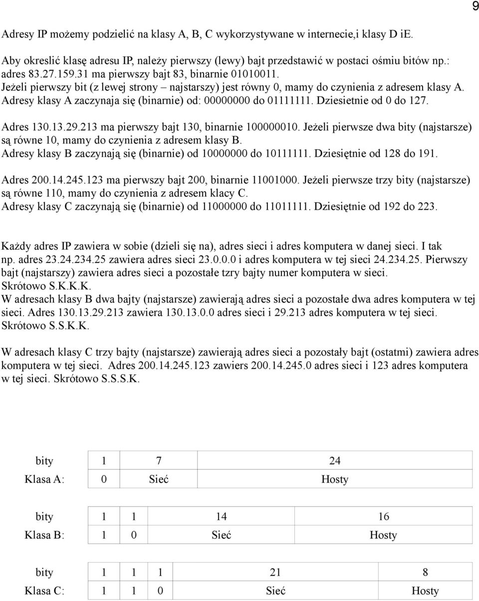 Adresy klasy A zaczynaja się (binarnie) od: 00000000 do 01111111. Dziesietnie od 0 do 127. Adres 130.13.29.213 ma pierwszy bajt 130, binarnie 100000010.