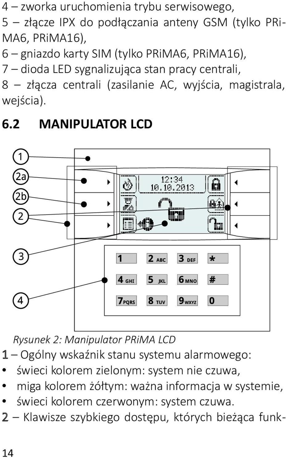 2 MANIPULATOR LCD Rysunek 2: Manipulator PRiMA LCD 1 Ogólny wskaźnik stanu systemu alarmowego: świeci kolorem zielonym: system nie