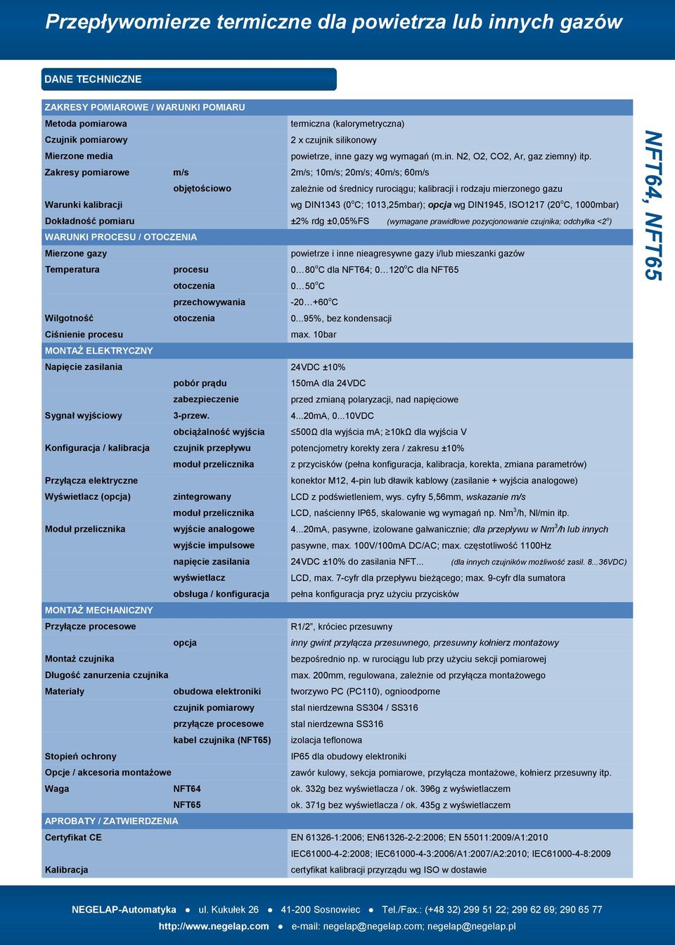 Zakresy pomiarowe m/s 2m/s; 10m/s; 20m/s; 40m/s; 60m/s objętościowo zależnie od średnicy rurociągu; kalibracji i rodzaju mierzonego gazu Warunki kalibracji wg DIN1343 (0 o C; 1013,25mbar); opcja wg