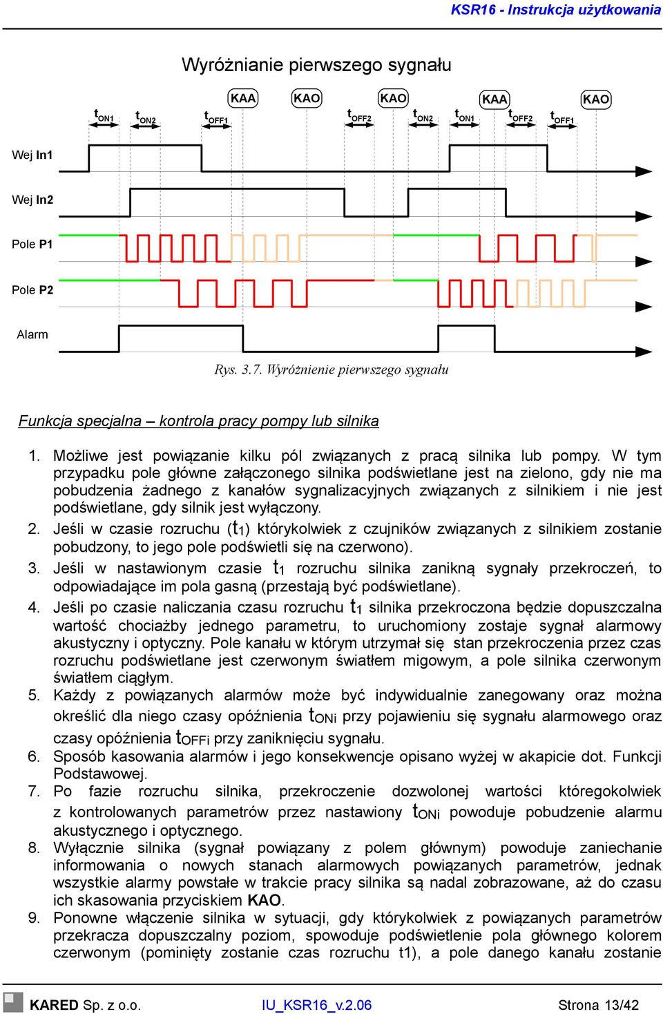 W tym przypadku pole główne załączonego silnika podświetlane jest na zielono, gdy nie ma pobudzenia żadnego z kanałów sygnalizacyjnych związanych z silnikiem i nie jest podświetlane, gdy silnik jest