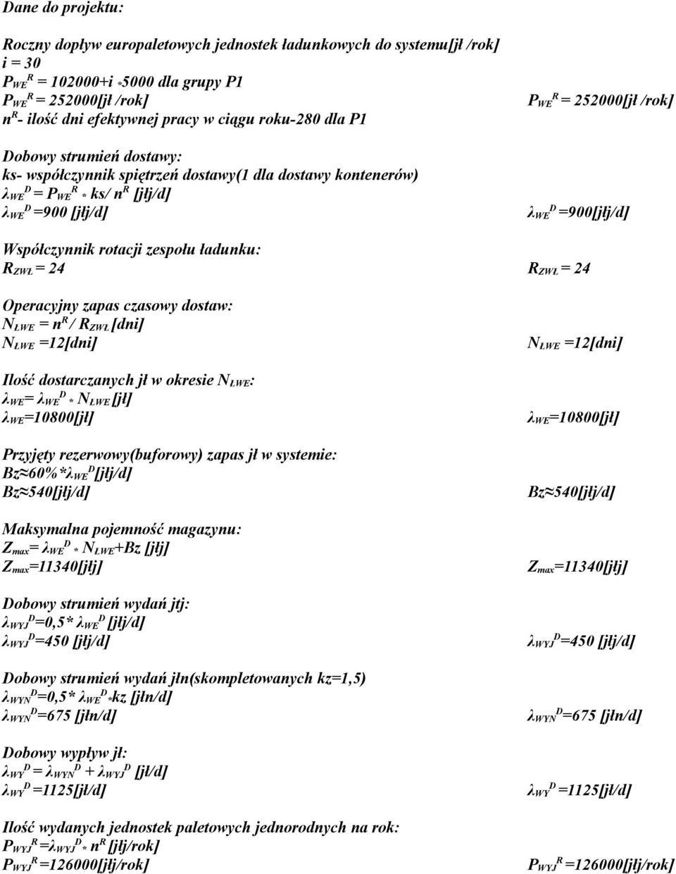 rotacji zespołu ładunku: ZWŁ = 24 ZWŁ = 24 Operacyjny zapas czasowy dostaw: N ŁWE = n / ZWŁ [dni] N ŁWE =12[dni] Ilość dostarczanych jł w okresie N ŁWE : λ WE = λ WE * N ŁWE [jł] λ WE =10800[jł]