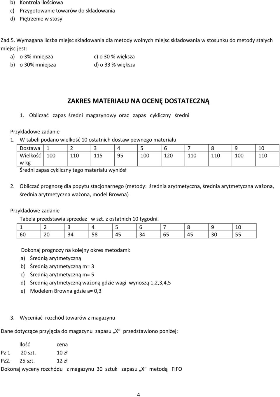MATERIAŁU NA OCENĘ DOSTATECZNĄ 1. Obliczać zapas średni magazynowy oraz zapas cykliczny średni 1.