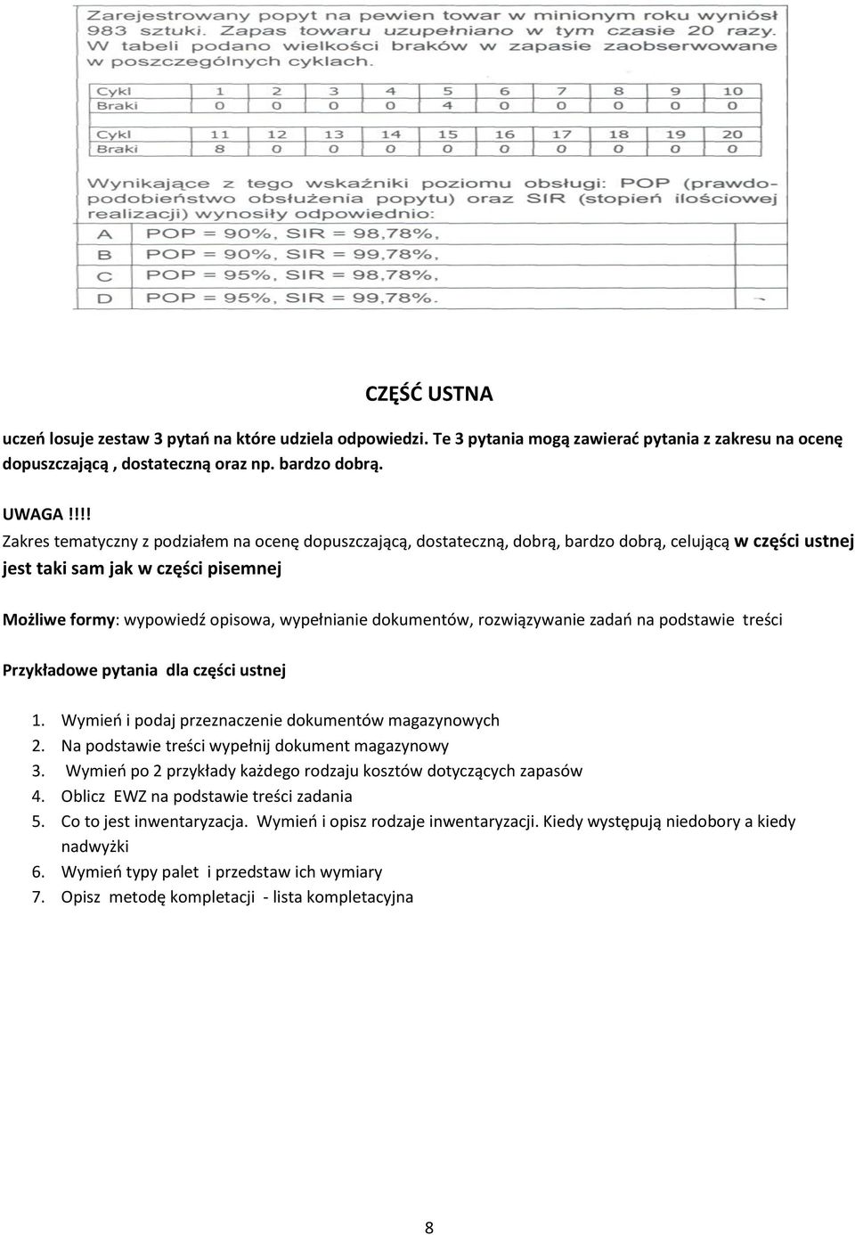 dokumentów, rozwiązywanie zadań na podstawie treści Przykładowe pytania dla części ustnej 1. Wymień i podaj przeznaczenie dokumentów magazynowych 2. Na podstawie treści wypełnij dokument magazynowy 3.