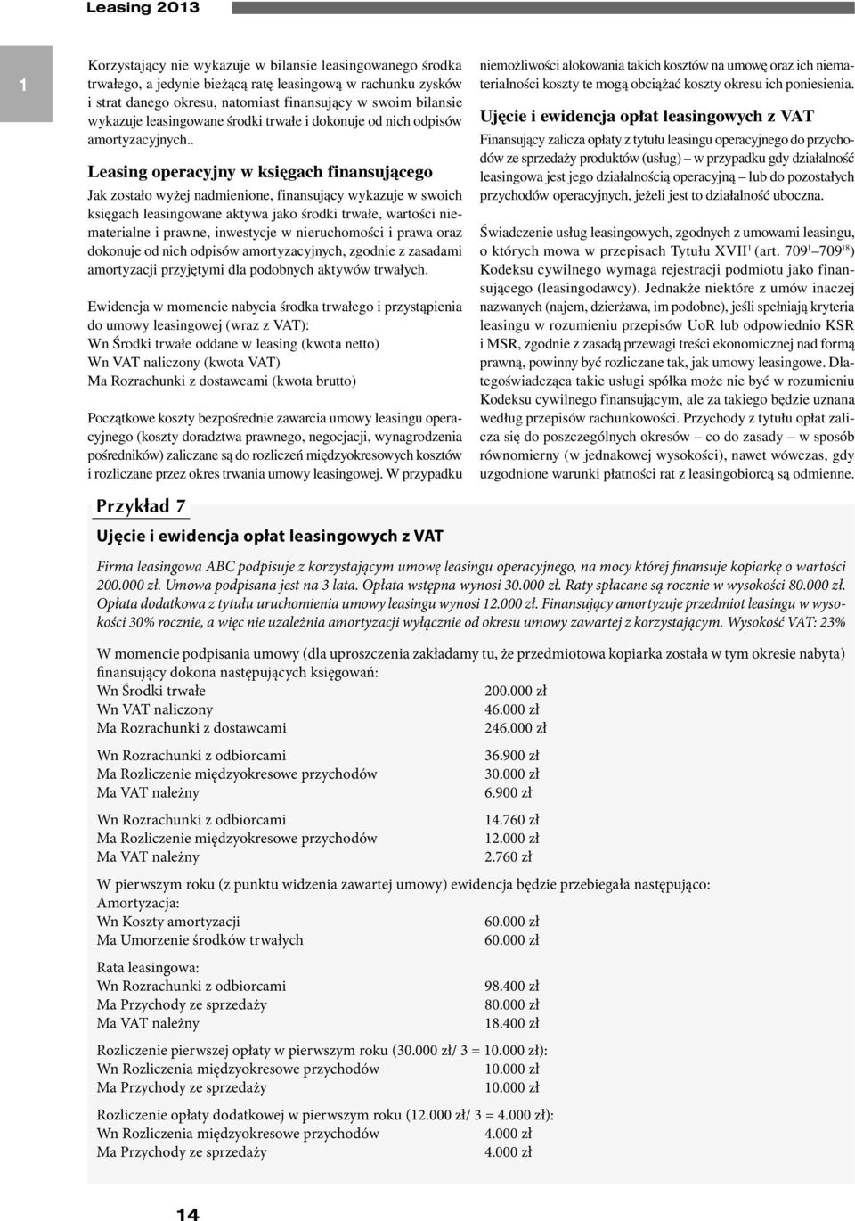 . Leasing operacyjny w księgach finansującego Jak zostało wyżej nadmienione, finansujący wykazuje w swoich księgach leasingowane aktywa jako środki trwałe, wartości niematerialne i prawne, inwestycje