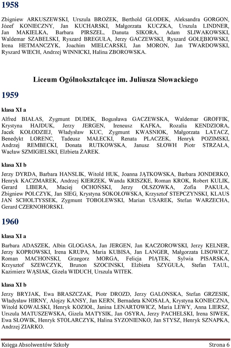 ZBOROWSKA. 1959 klasa XI a Liceum Ogólnokształcące im.