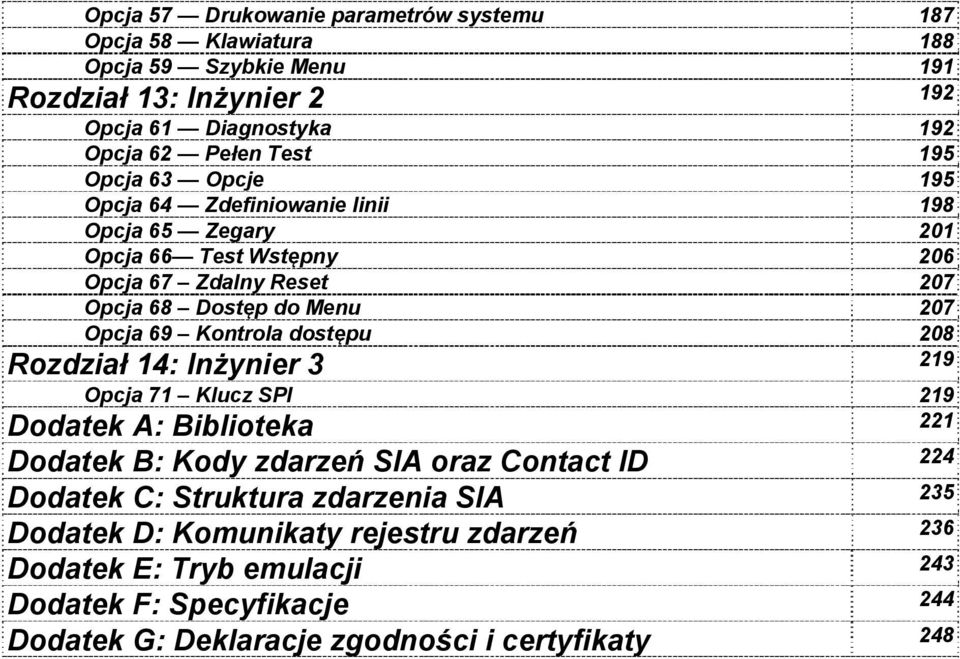 Kontrola dostępu 208 Rozdział 14: Inżynier 3 219 Opcja 71 Klucz SPI 219 Dodatek A: Biblioteka 221 Dodatek B: Kody zdarzeń SIA oraz Contact ID 224 Dodatek C: Struktura