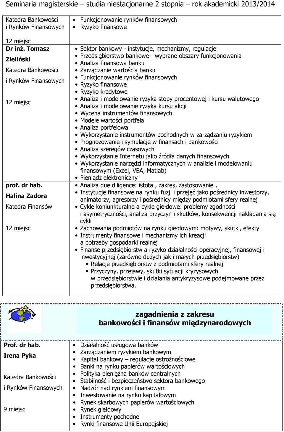 finansowa banku Zarządzanie wartością banku Funkcjonowanie rynków finansowych Ryzyko finansowe Ryzyko kredytowe Analiza i modelowanie ryzyka stopy procentowej i kursu walutowego Analiza i modelowanie