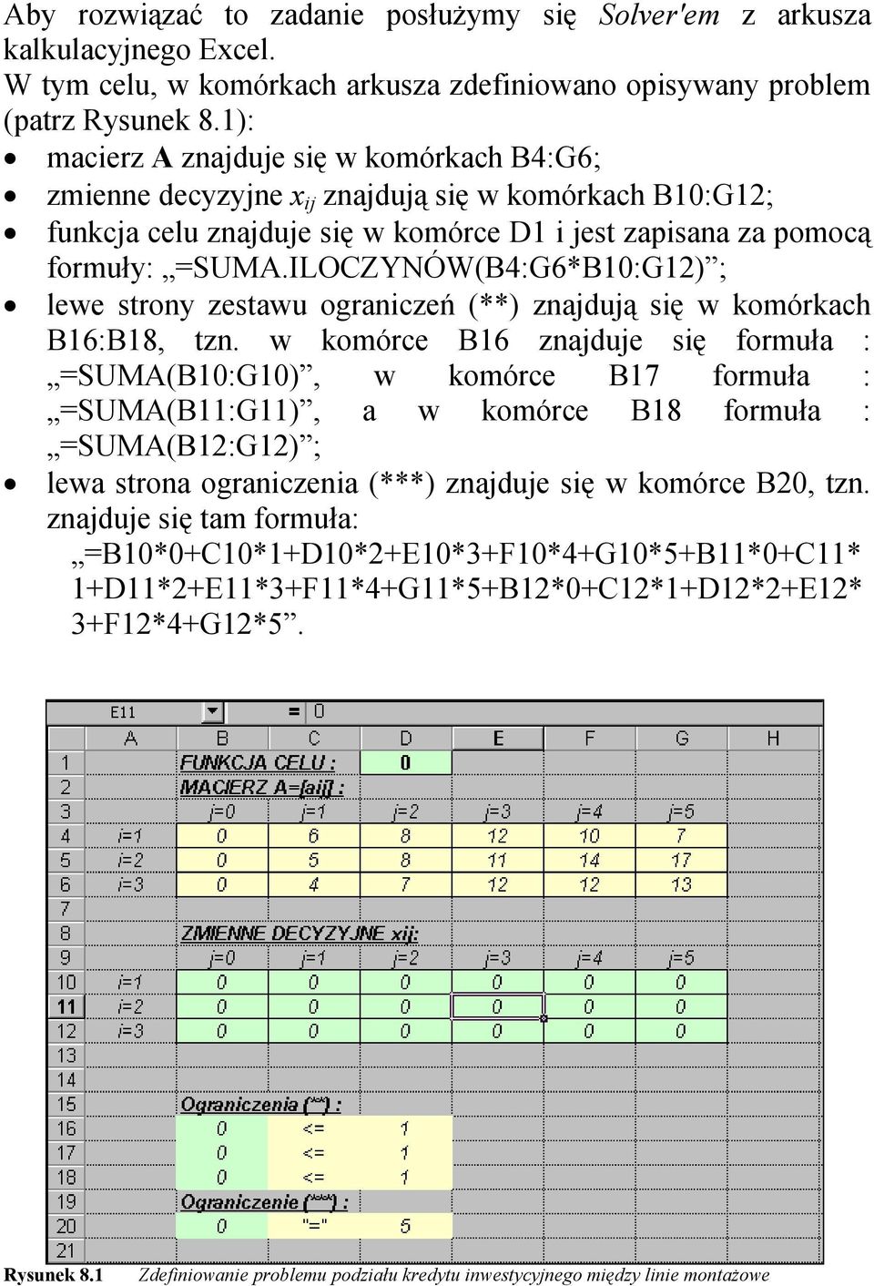 ILOCZYNÓW(B4:G6B1:G) ; lewe strony zestawu ograniczeń () znajdują się w komórkach B16:B18, tzn.