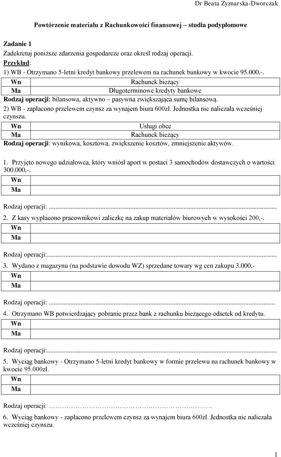 Rachunek bieżący Długoterminowe kredyty bankowe Rodzaj operacji: bilansowa, aktywno pasywna zwiększająca sumę bilansową. 2) WB - zapłacono przelewem czynsz za wynajem biura 600zł.