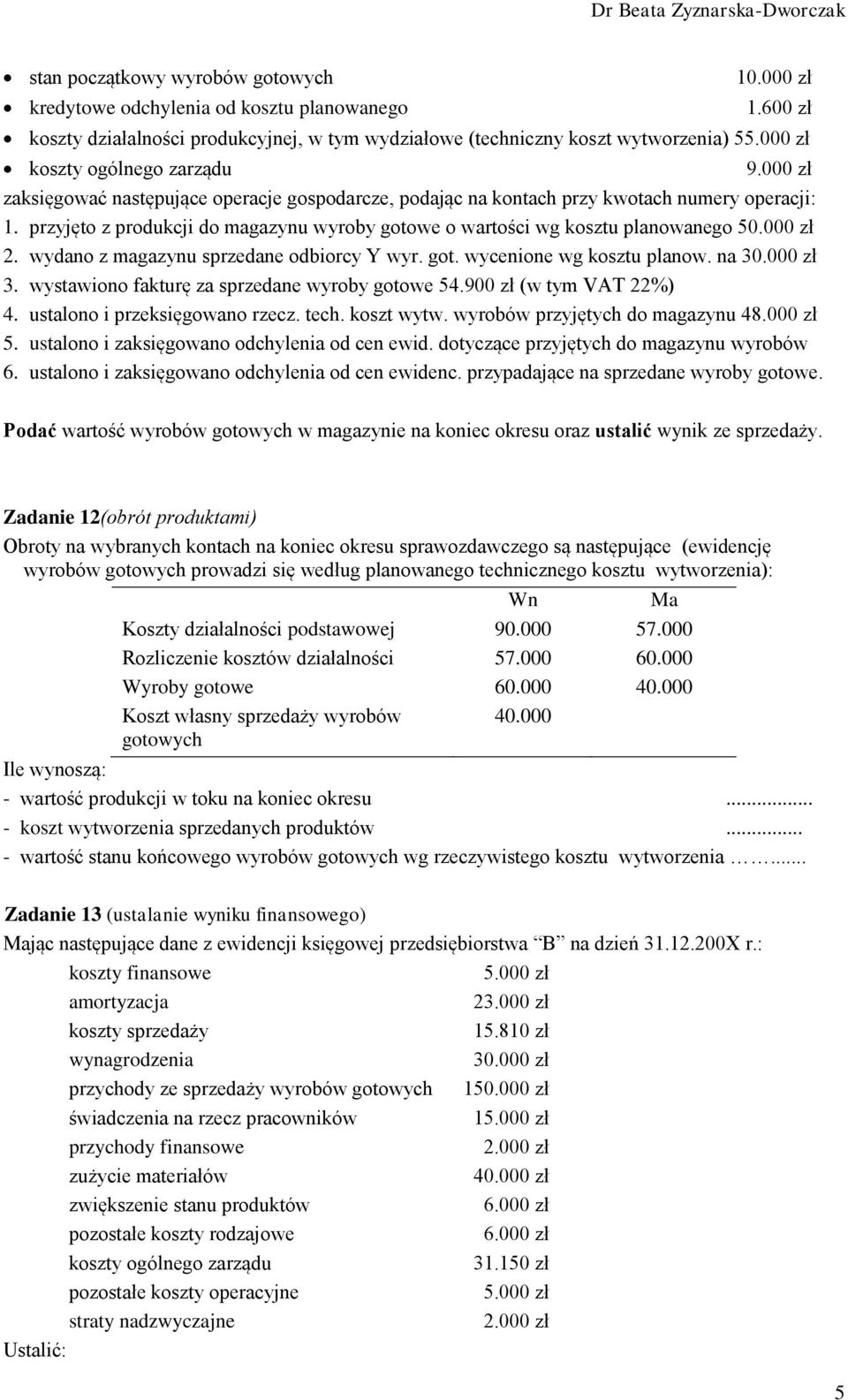 przyjęto z produkcji do magazynu wyroby gotowe o wartości wg kosztu planowanego 50.000 zł 2. wydano z magazynu sprzedane odbiorcy Y wyr. got. wycenione wg kosztu planow. na 30.000 zł 3.