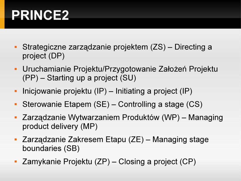 Sterowanie Etapem (SE) Controlling a stage (CS) Zarządzanie Wytwarzaniem Produktów (WP) Managing product