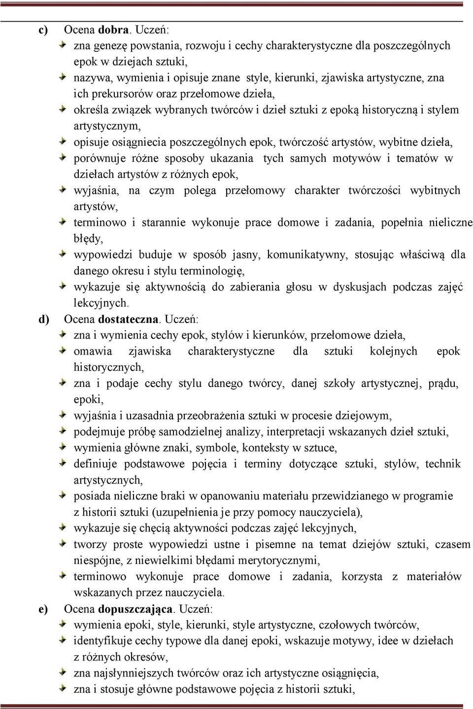 przełomowe dzieła, określa związek wybranych twórców i dzieł z epoką historyczną i stylem artystycznym, opisuje osiągniecia poszczególnych epok, twórczość artystów, wybitne dzieła, porównuje różne