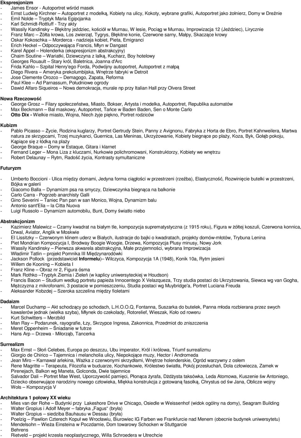 krowa, Los zwierzt, Tygrys, Błkitne konie, Czerwone sarny, Małpy, Skaczce krowy - Oskar Kokoschka Morderca - nadzieja kobiet, Pieta, Emigranci - Erich Heckel Odpoczywajca Francis, Młyn w Dangast -