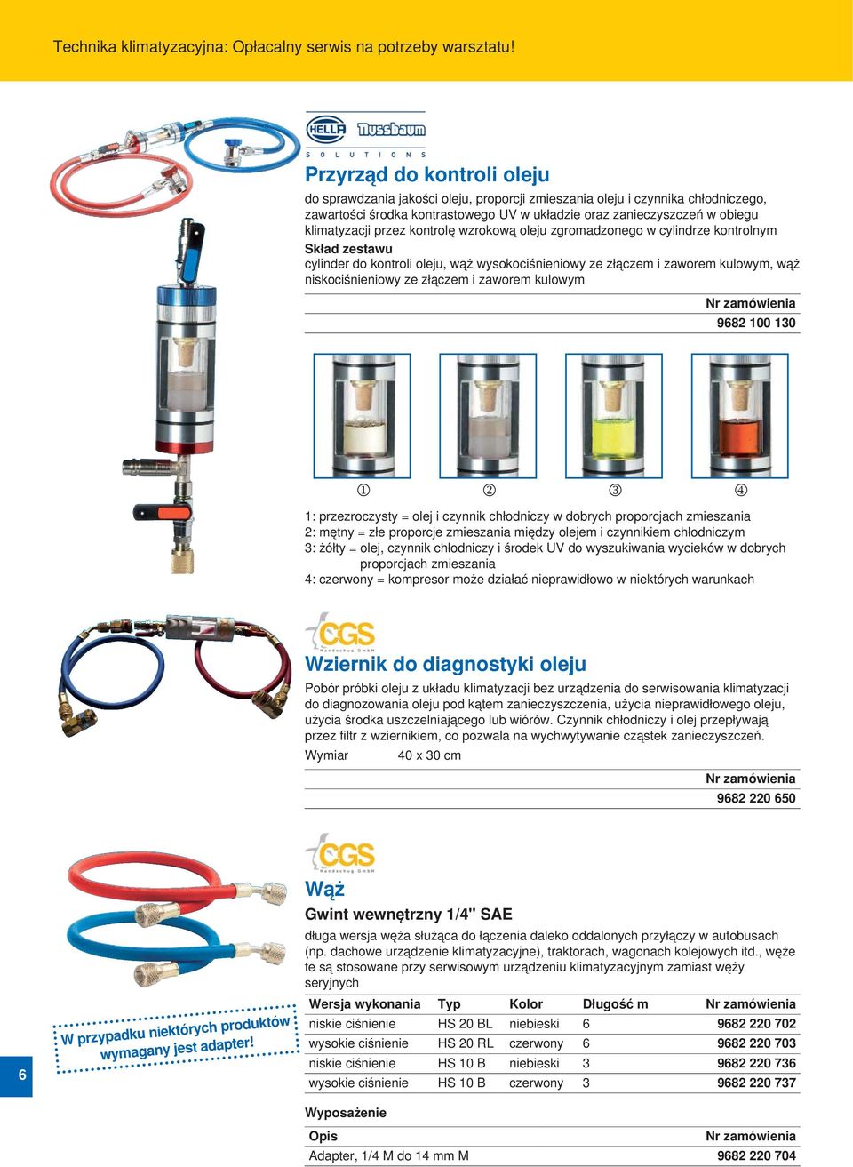 przez kontrolę wzrokową oleju zgromadzonego w cylindrze kontrolnym cylinder do kontroli oleju, wąż wysokociśnieniowy ze złączem i zaworem kulowym, wąż niskociśnieniowy ze złączem i zaworem kulowym