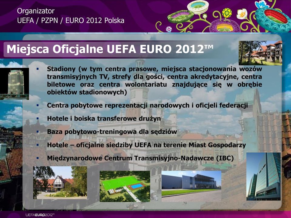 obiektów stadionowych) Centra pobytowe reprezentacji narodowych i oficjeli federacji Hotele i boiska transferowe drużyn Baza