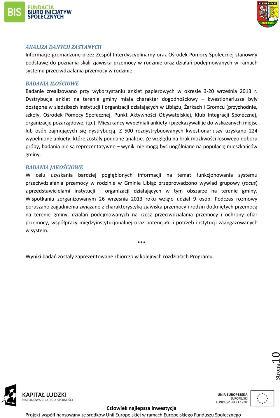 Dystrybucja ankiet na terenie gminy miała charakter dogodnościowy kwestionariusze były dostępne w siedzibach instytucji i organizacji działających w Libiążu, Żarkach i Gromcu (przychodnie, szkoły,