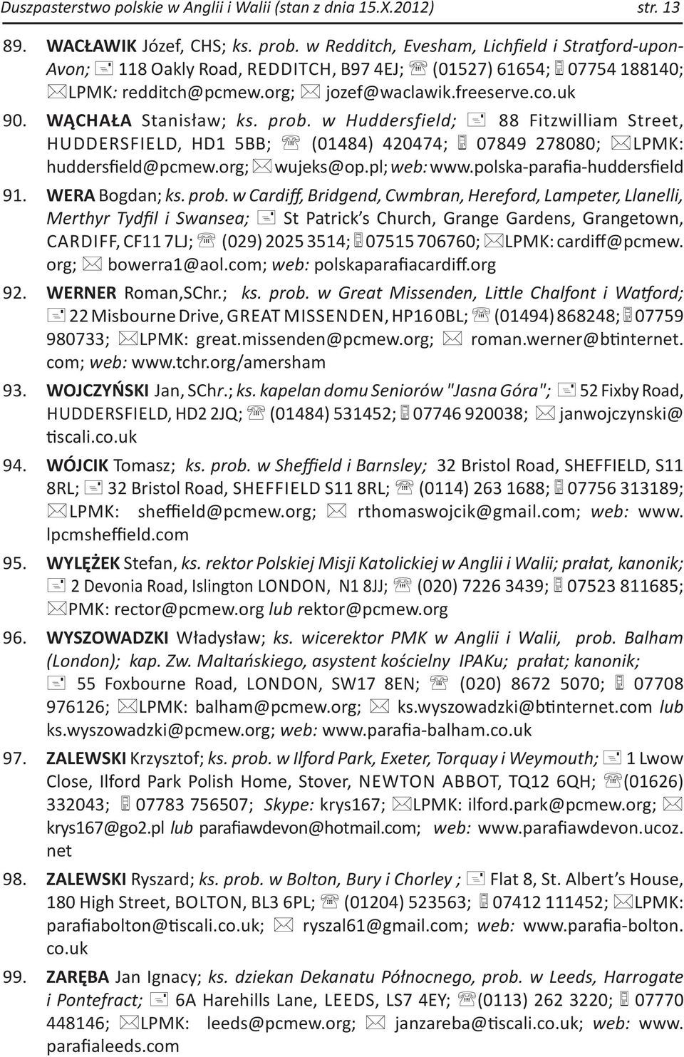 WĄCHAŁA Stanisław; ks. prob. w Huddersfield; 88 Fitzwilliam Street, HUDDERSFIELD, HD1 5BB; (01484) 420474; 07849 278080; LPMK: huddersfield@pcmew.org; wujeks@op.pl; web: www.
