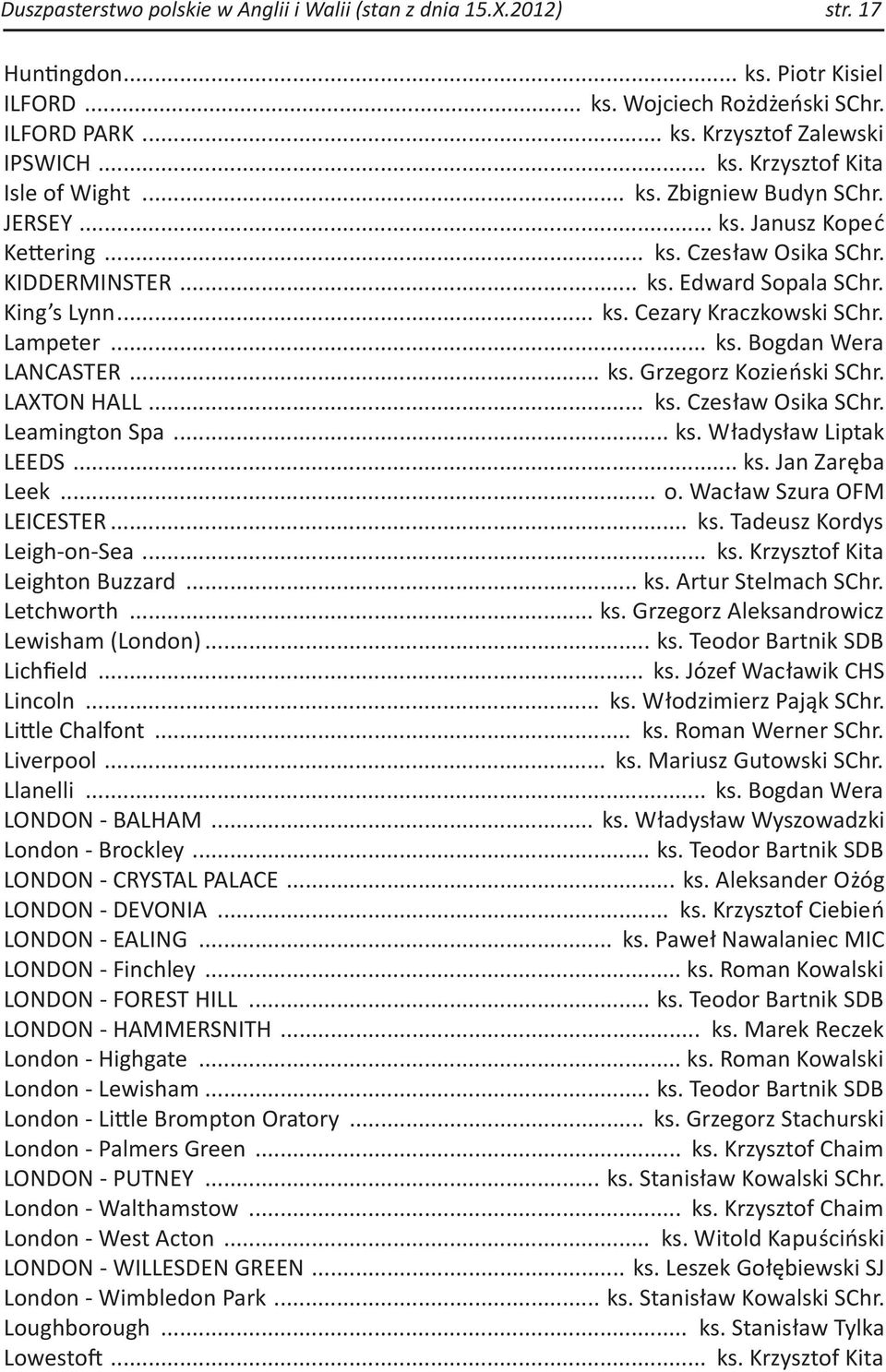 .. ks. Grzegorz Kozieński SChr. LAXTON HALL... ks. Czesław Osika SChr. Leamington Spa... ks. Władysław Liptak LEEDS... ks. Jan Zaręba Leek... o. Wacław Szura OFM LEICESTER... ks. Tadeusz Kordys Leigh-on-Sea.