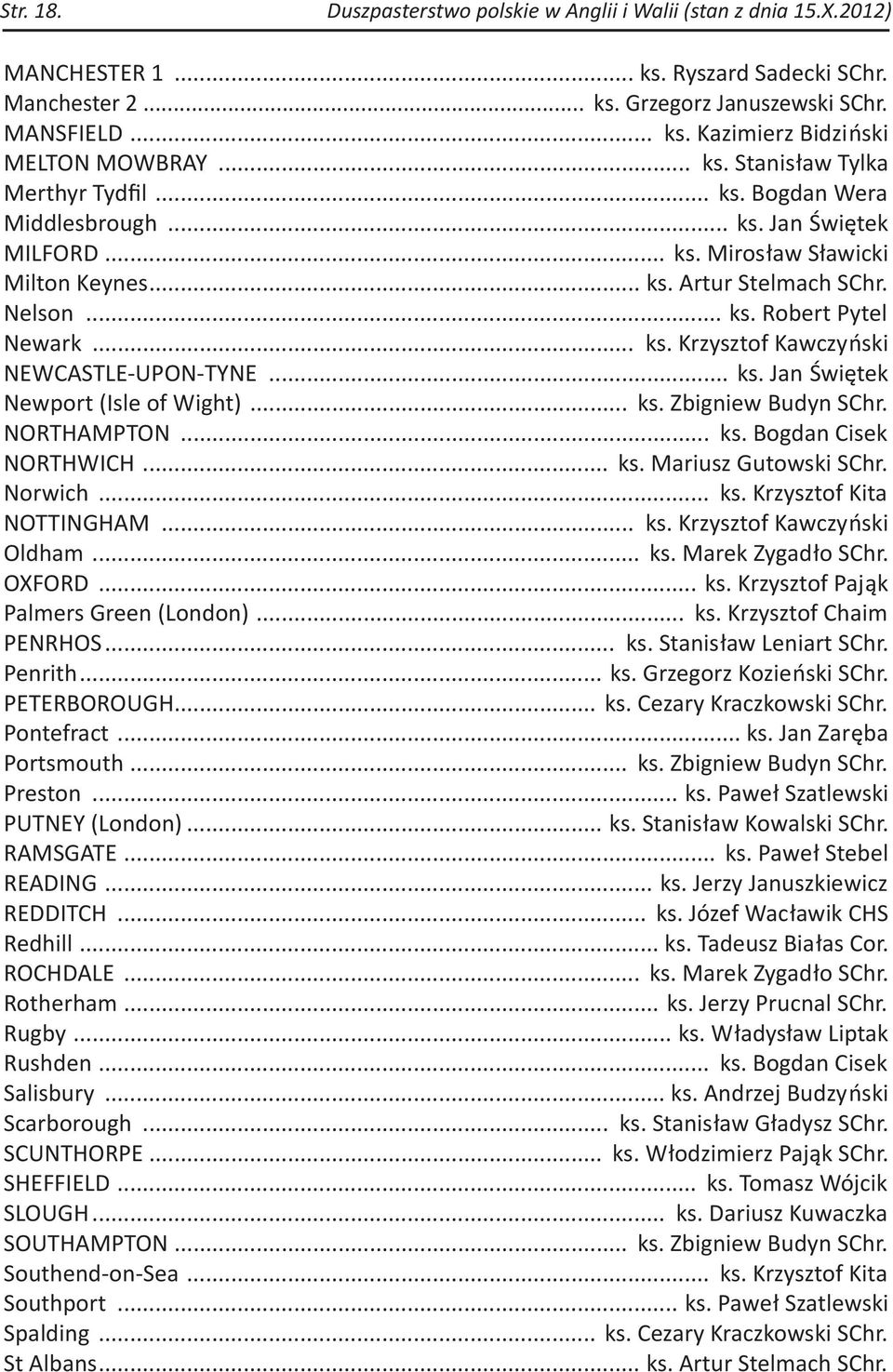.. ks. Krzysztof Kawczyński NEWCASTLE-UPON-TYNE... ks. Jan Świętek Newport (Isle of Wight)... ks. Zbigniew Budyn SChr. NORTHAMPTON... ks. Bogdan Cisek NORTHWICH... ks. Mariusz Gutowski SChr. Norwich.
