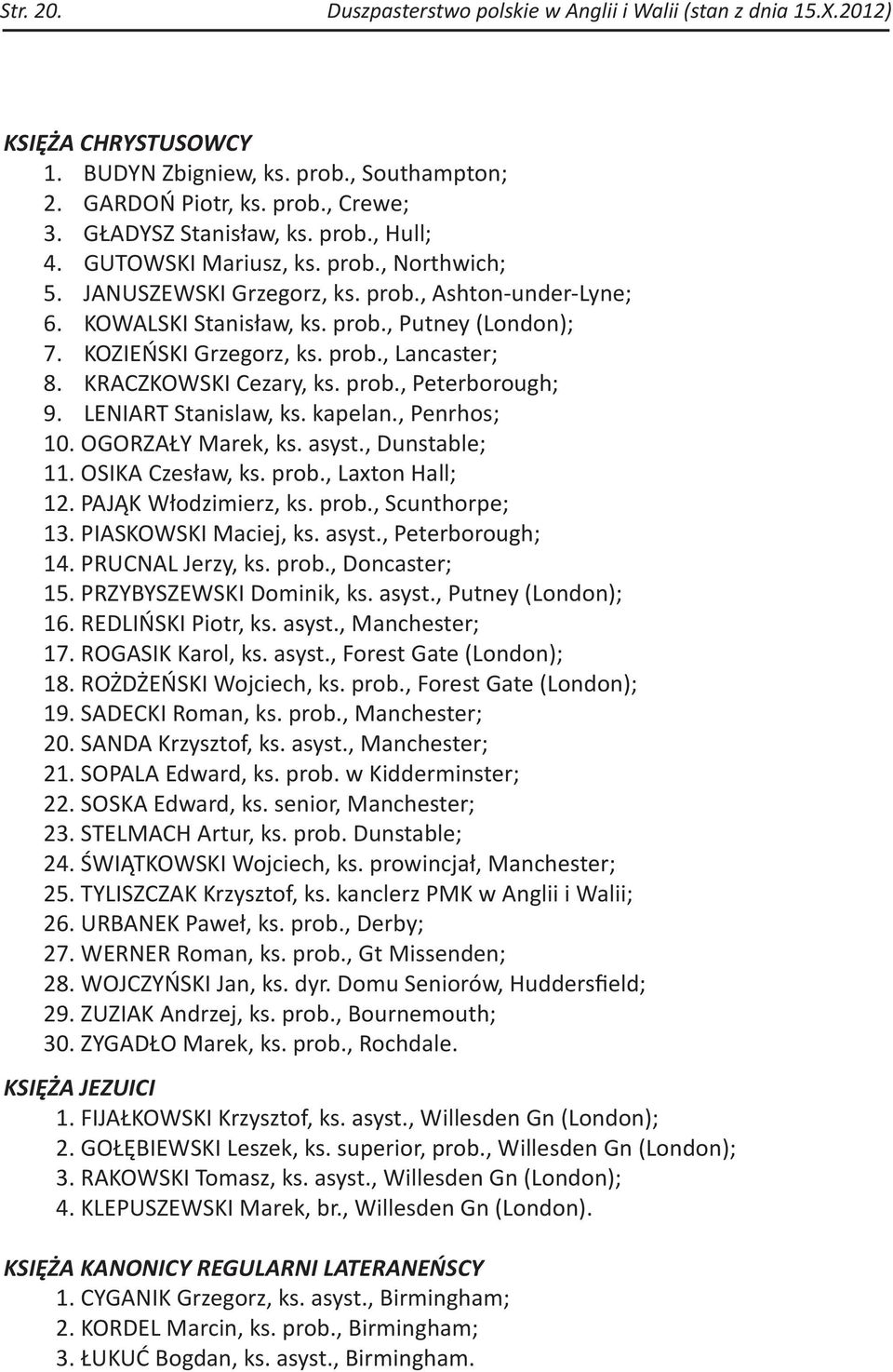 KRACZKOWSKI Cezary, ks. prob., Peterborough; 9. LENIART Stanislaw, ks. kapelan., Penrhos; 10. OGORZAŁY Marek, ks. asyst., Dunstable; 11. OSIKA Czesław, ks. prob., Laxton Hall; 12.