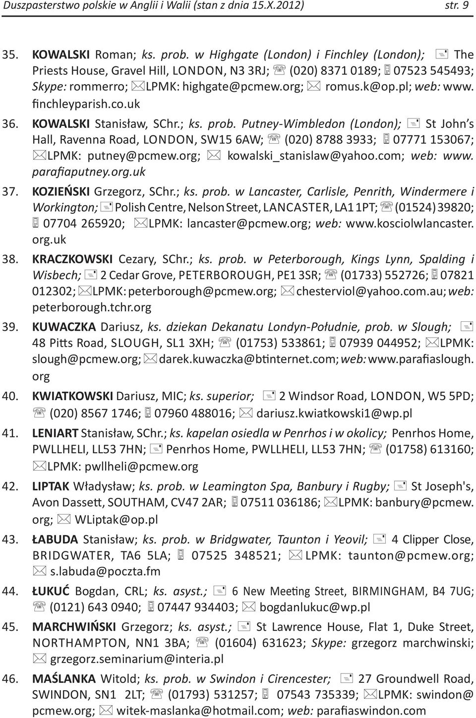 finchleyparish.co.uk 36. KOWALSKI Stanisław, SChr.; ks. prob. Putney-Wimbledon (London); St John s Hall, Ravenna Road, LONDON, SW15 6AW; (020) 8788 3933; 07771 153067; LPMK: putney@pcmew.