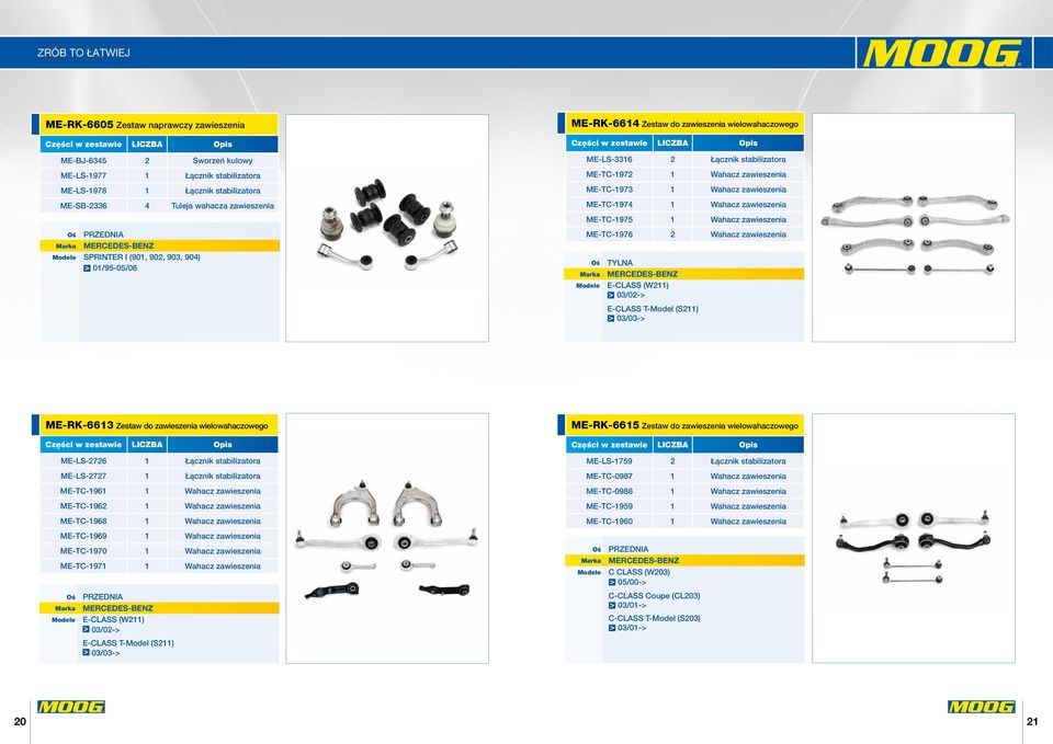 SPRINTER I (901, 902, 903, 904) 01/95-05/06 ME-TC-1976 2 Wahacz zawieszenia E-CLASS (W211) 03/02-> E-CLASS T-Model (S211) 03/03-> ME-RK-6613 Zestaw do zawieszenia wielowahaczowego ME-LS-2726 1