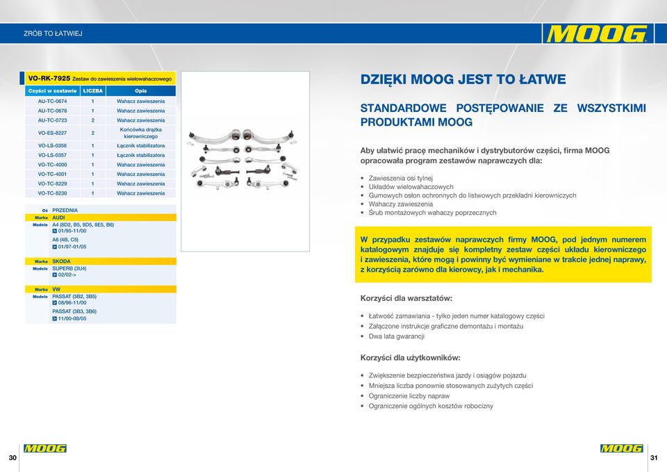 (8D2, B5, 8D5, 8E5, B6) 01/95-11/00 A6 (4B, C5) 01/97-01/05 SKODA SUPERB (3U4) 02/02-> DZIĘKI MOOG JEST TO ŁATWE STANDARDOWE POSTĘPOWANIE ZE WSZYSTKIMI PRODUKTAMI MOOG Aby ułatwić pracę mechaników i
