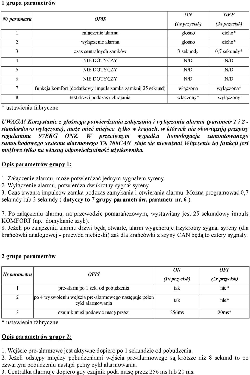 W przeciwnym wypadku homologacja zamontowanego samochodowego systemu alarmowego TX 700CAN staje się nieważna! Włączenie tej funkcji jest możliwe tylko na własną odpowiedzialność użytkownika.