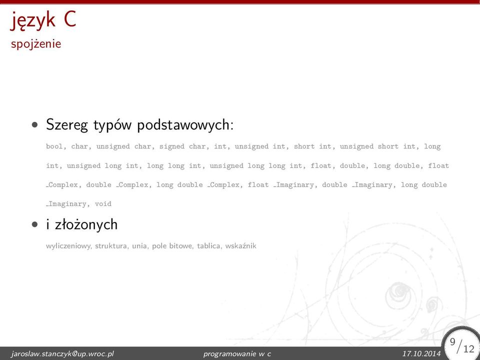 Complex, double Complex, long double Complex, float Imaginary, double Imaginary, long double Imaginary, void i złożonych